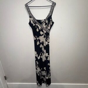 Apt 9 Black Floral Print Midi Dress Tank Style Greek Key Trim Size L